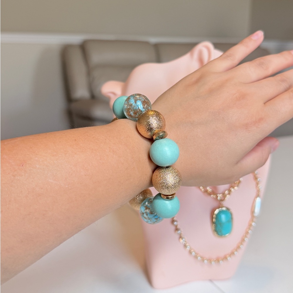 Turquoise & Gold Beaded Stretch Bracelet - Picture 4 of 8
